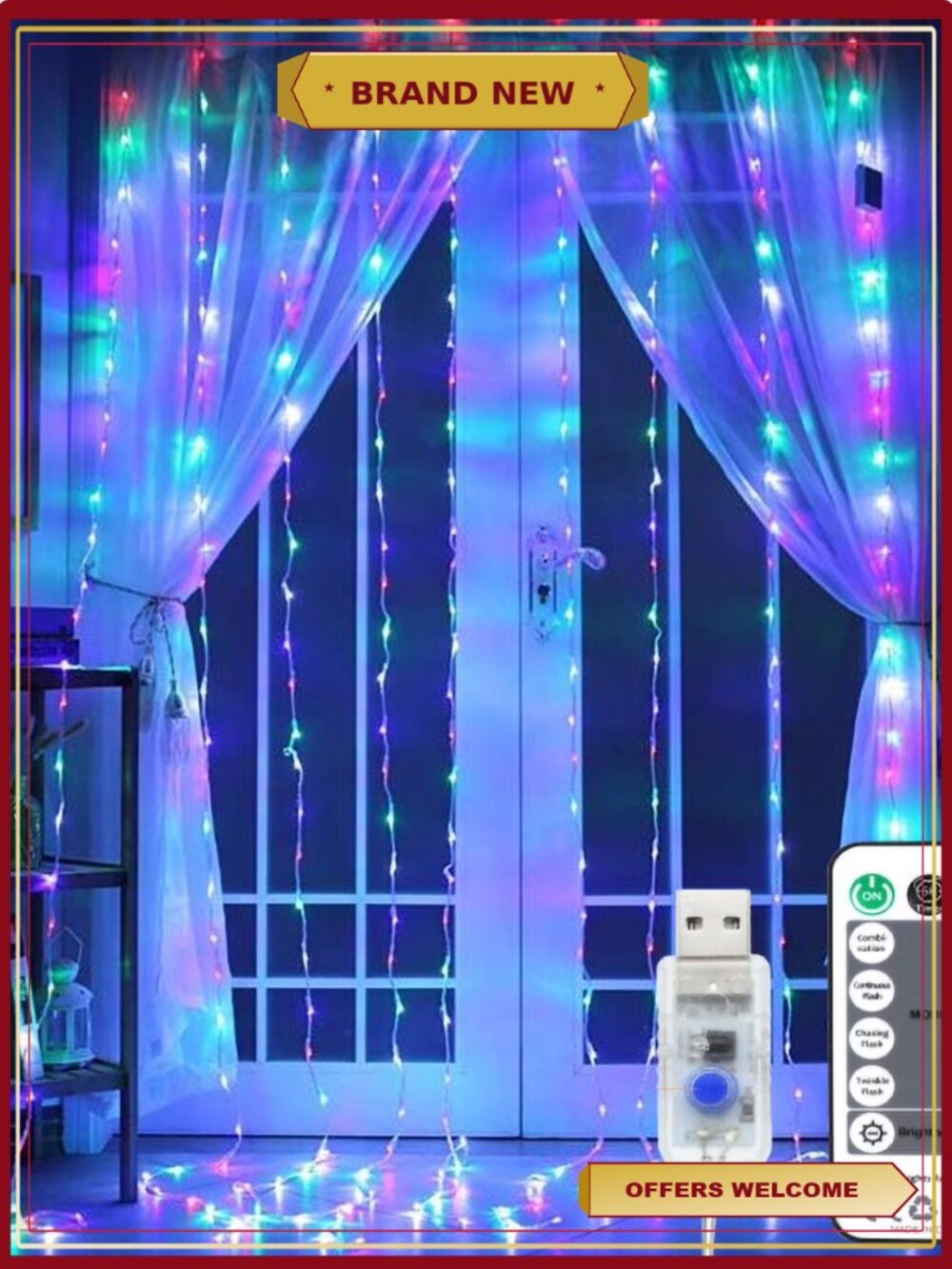 Juhefa LED Curtain String Lights UL Certified 144 Bulbs 7.9x5.9 ft USB Plug-in